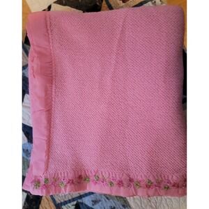 Sears Acrylic Pink Waffle Weave Blanket Satin Trim Floral Embroidery 76x90